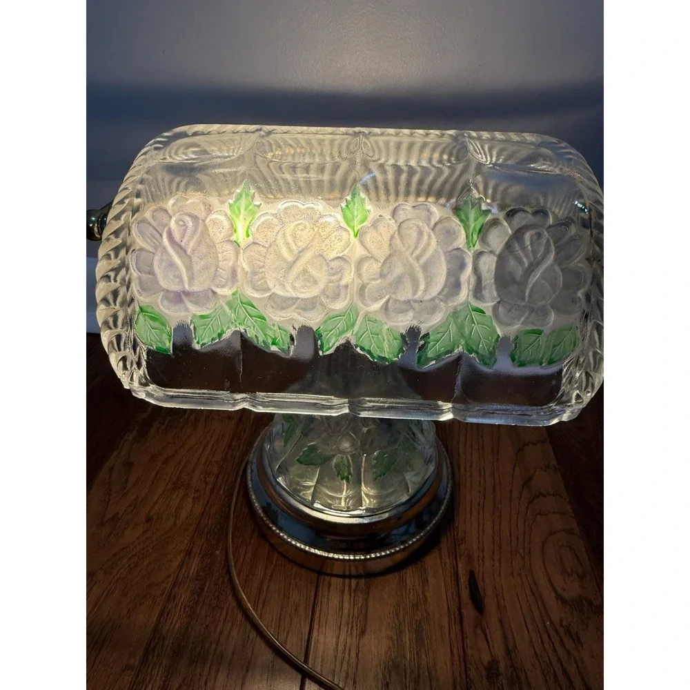 Vintage Anna Hutte Bleikristall Floral Glass Banker's Style Desk‎ Lamp RARE  12